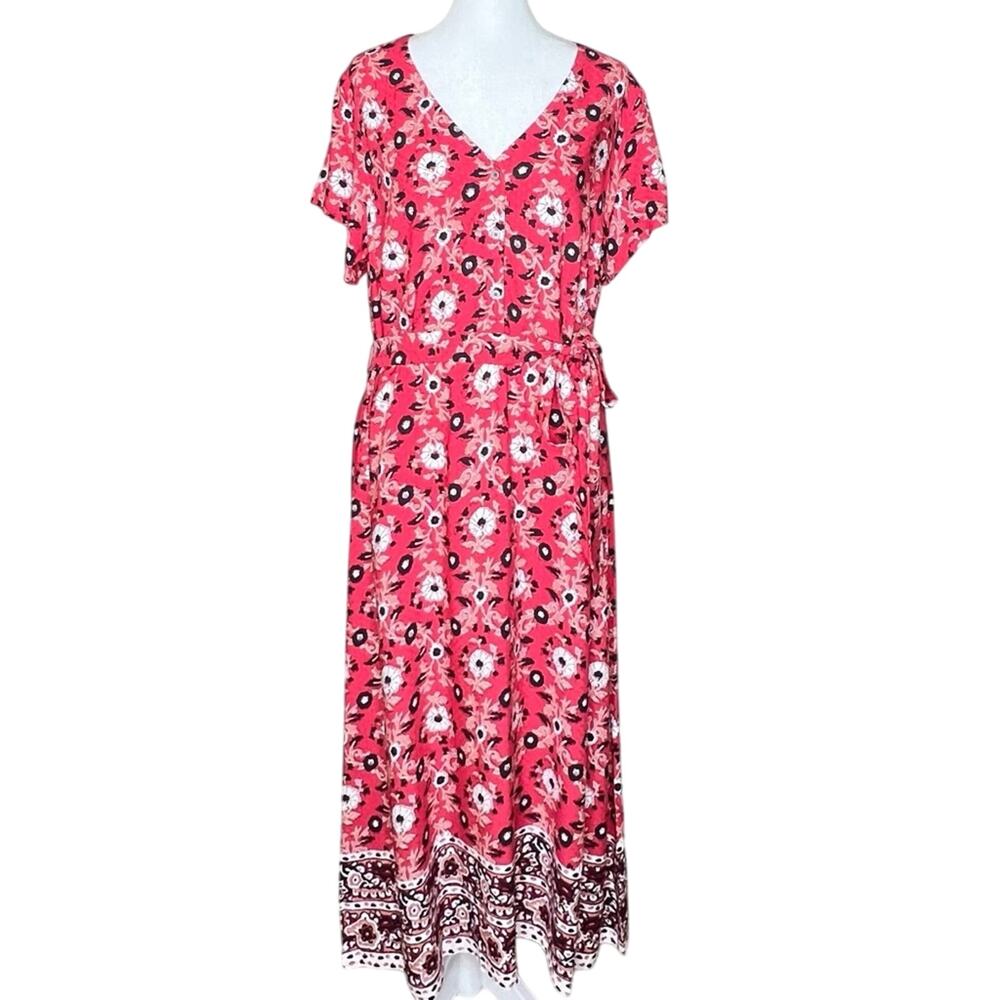 Floral Tie-Sash Midi Dress Red Black Shirtdress 12 Feminine Cottage Loft NWT